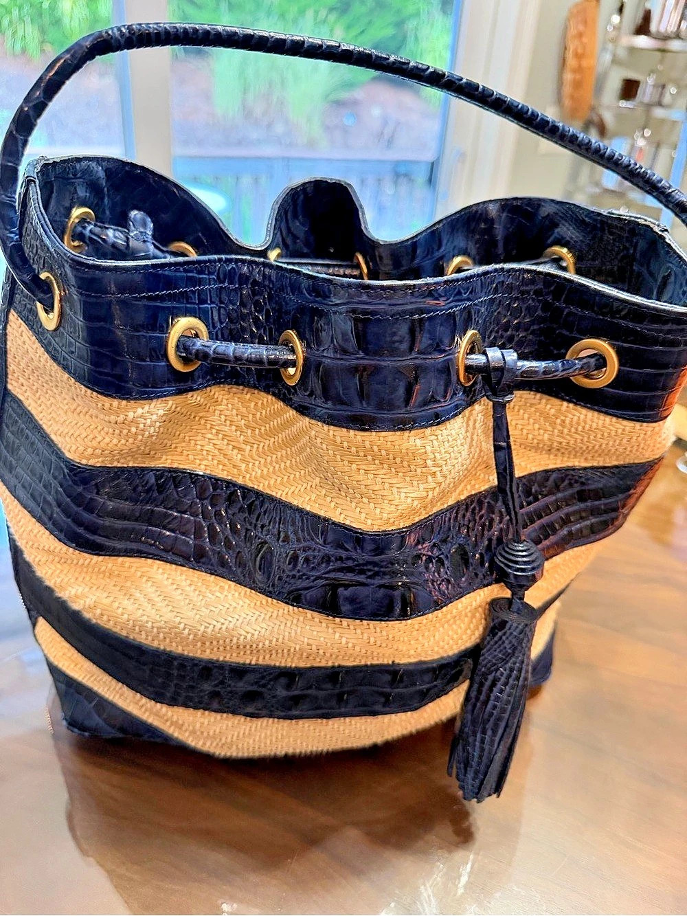 Brahmin Marlowe Striped Drawstring Straw Bucket Shoulder Bag navy& cream